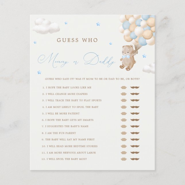 Nalle Blue Baby Shower Mamma eller pappa Game (Framsida)