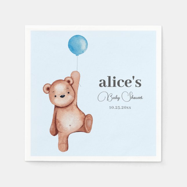 Nalle Blue Baby Shower Napkins Pappersservett (Framsidan)