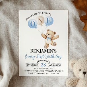 Nalle Blue Ballogs Beary First Birthday Inbjudningar