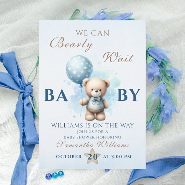 Nalle Blue Balloon Baby Shower Barly Inbjudningar (Skapare uppladdad)