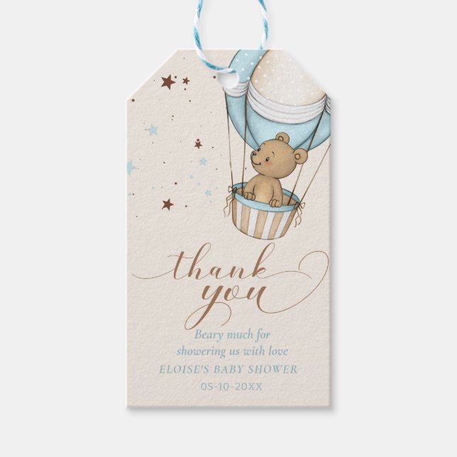 Nalle Blue Balloon Barly Wait Baby Shower Presentetikett (Framsidan)