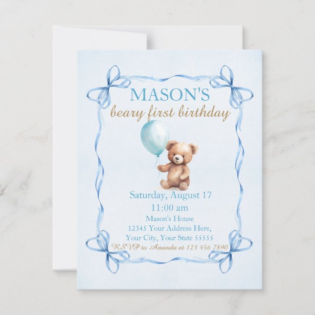 Nalle Blue Balloon Beary First Birthday Inbjudningar (Framsida)
