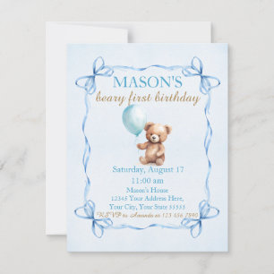 Nalle Blue Balloon Beary First Birthday Inbjudningar