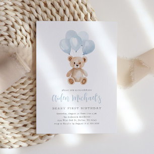 Nalle Blue Balloon Beary First Birthday Inbjudningar
