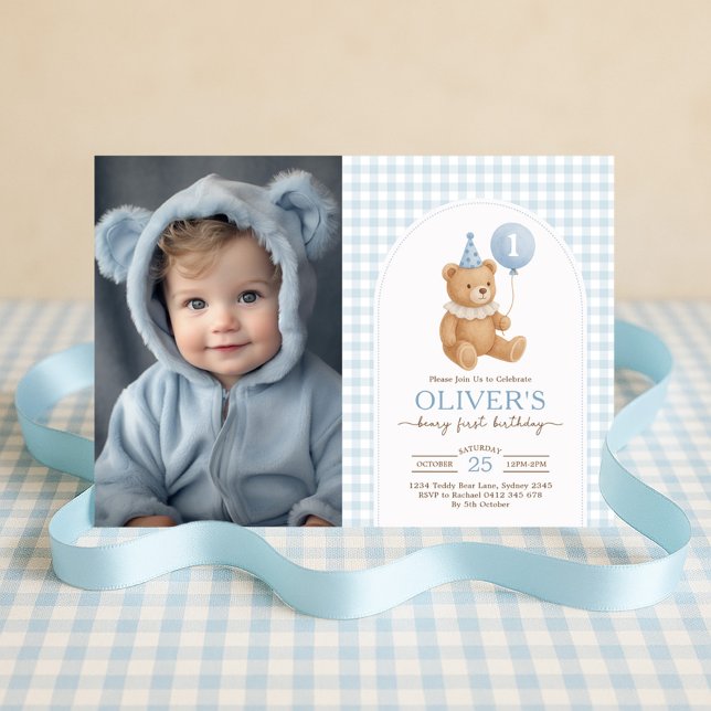 Nalle Blue Balloon Beary First Birthday Photo Inbjudningar (Skapare uppladdad)