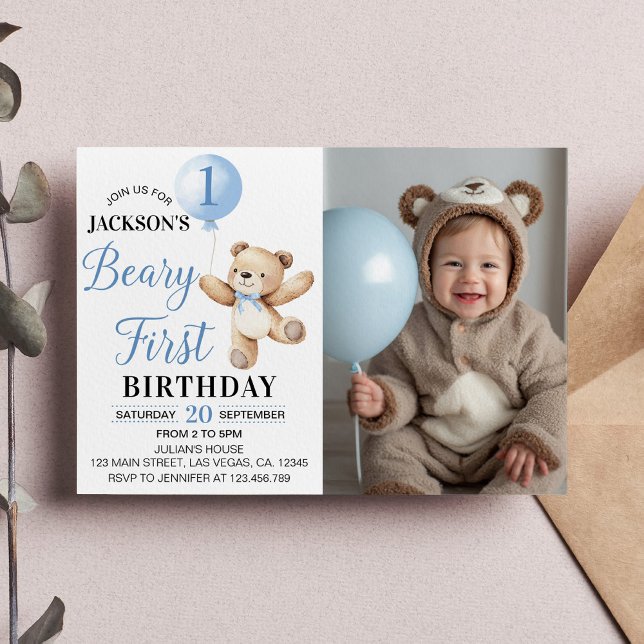 Nalle Blue Balloon Beary First Birthday Photo Inbjudningar (Skapare uppladdad)