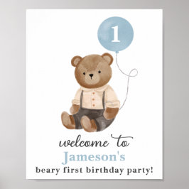 Nalle Blue Balloon Birthday Decor Sign Poster