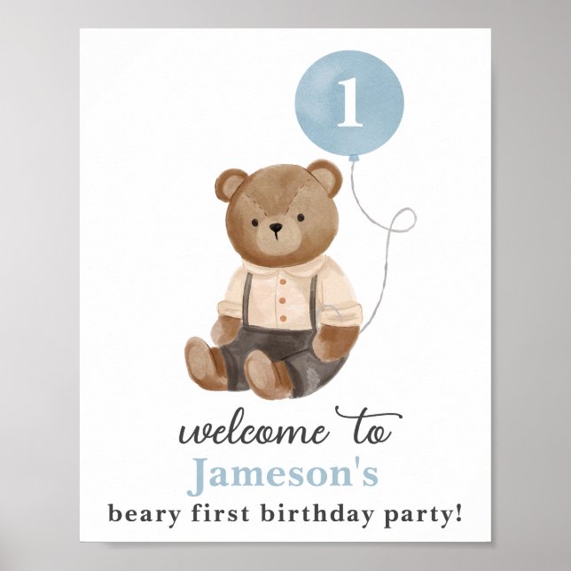 Nalle Blue Balloon Birthday Decor Sign Poster (Framsidan)