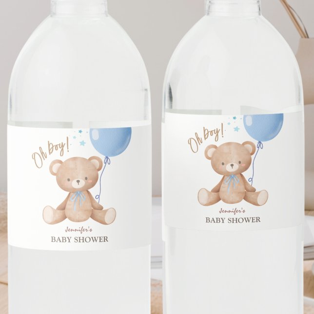 Nalle Blue Balloon | Boy Baby Shower Vatten Vattenflaskor Etikett (Skapare uppladdad)