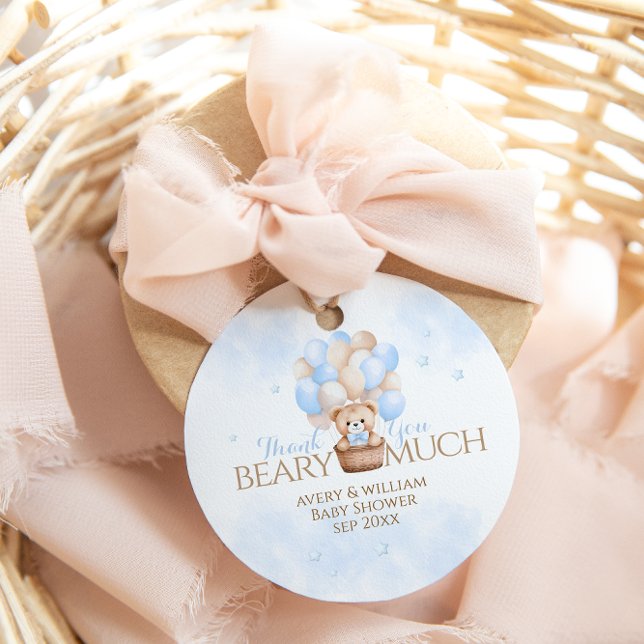 Nalle Blue Balloon Boy Shower Gåvor Etiketter (Skapare uppladdad)