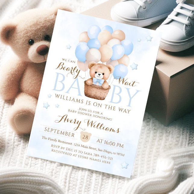 Nalle Blue Balloon Boy Shower Inbjudningar (Skapare uppladdad)
