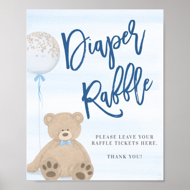 Nalle Blue Balloon Diaper Raffle Sign Poster (Framsidan)