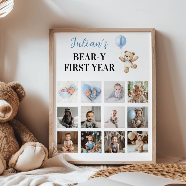 Nalle Blue Balloon First Year Photo Milestone Poster (Skapare uppladdad)