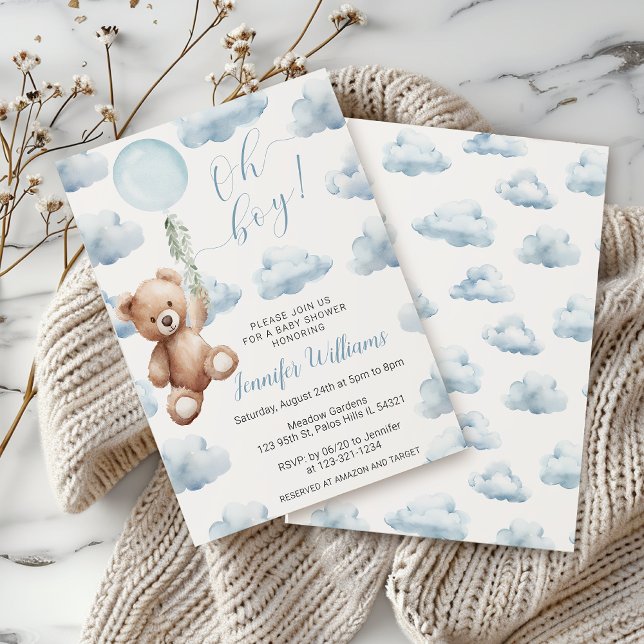 Nalle Blue Balloon Oh Boy Baby Shower Inbjudningar (Skapare uppladdad)