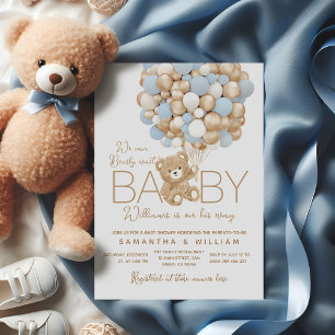 Nalle Blue Balloon Pojke Shower Inbjudningar