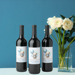 Nalle Blue Balloon Pojke Shower Vinflaska Etikett