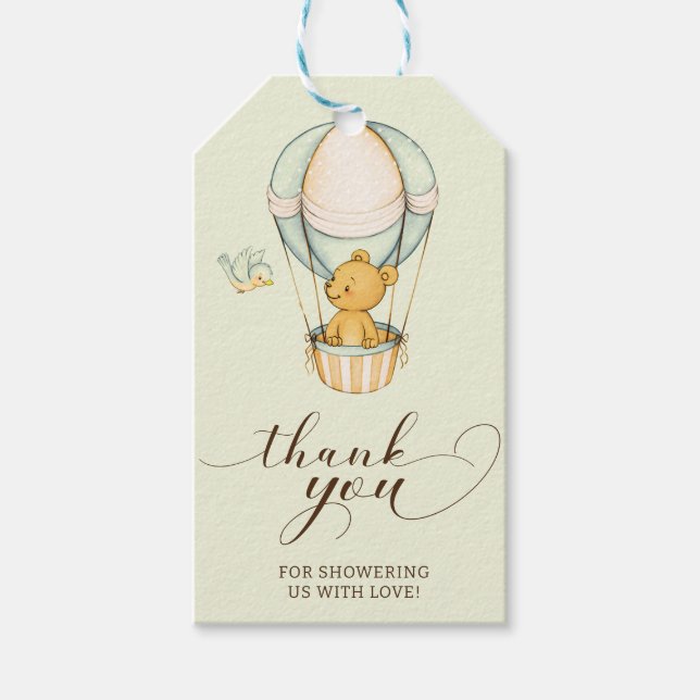 Nalle Blue Balloon Tack Baby Shower Presentetikett (Framsidan)