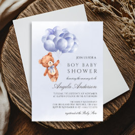 Nalle Blue Balloon Watercolor Boy Shower Inbjudningar