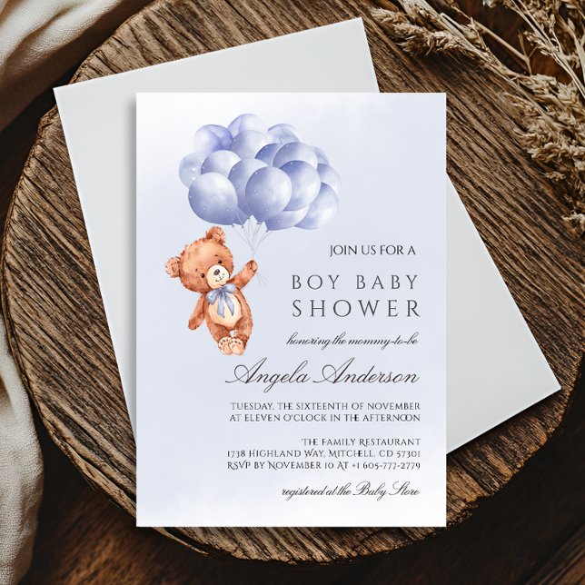 Nalle Blue Balloon Watercolor Boy Shower Inbjudningar (Teddy Bear Blue Balloon Watercolor Boy Baby Shower Invitation)