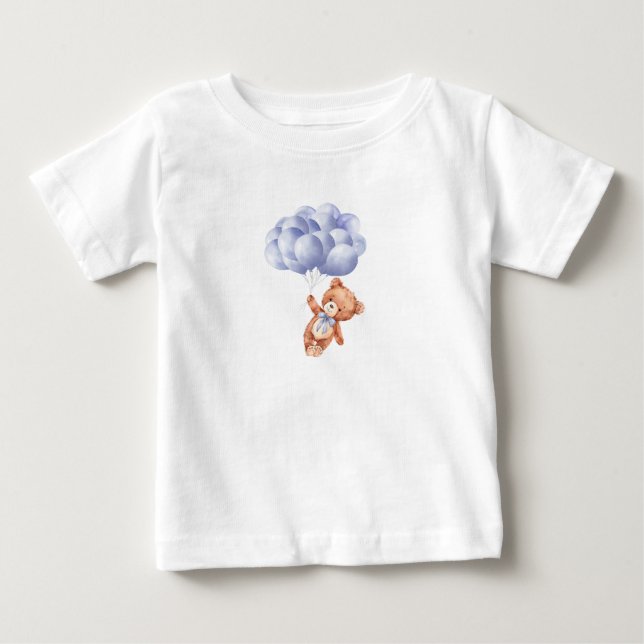 Nalle Blue Balloon Watercolor Boy Shower T Shirt (Framsida)