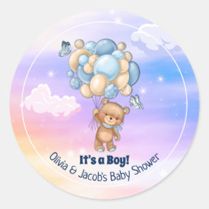 Nalle Blue Balloons Boy Baby Shower Runt Klistermärke