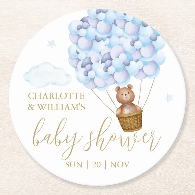Nalle Blue Balloons Boy Baby Shower Underlägg Papper Rund (Framsidan)