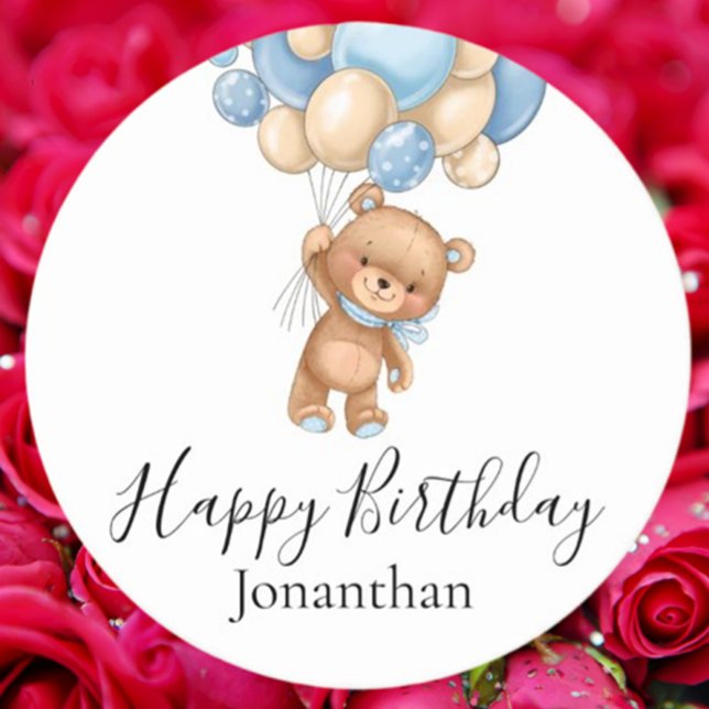 Nalle Blue Balloons Grattis på födelsedagen Underlägg Papper Rund (Celebrate with charm using Teddy Bear Blue Balloons Happy Birthday round paper coasters)