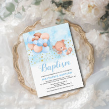 Nalle Blue Balloons Guld Stars Baptism