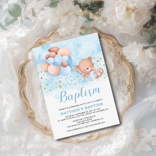 Nalle Blue Balloons Guld Stars Baptism Inbjudningar