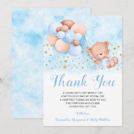 Nalle Blue Balloons Guld Stars Baptism Tack Kort