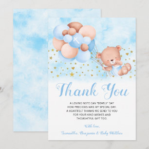 Nalle Blue Balloons Guld Stars Baptism Tack Kort