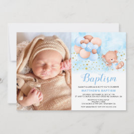 Nalle Blue Balloons Guld Stars Photo Baptism Inbjudningar