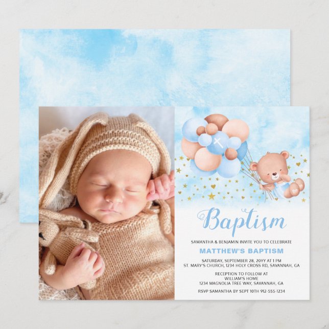 Nalle Blue Balloons Guld Stars Photo Baptism Inbjudningar (Fram/baksida)