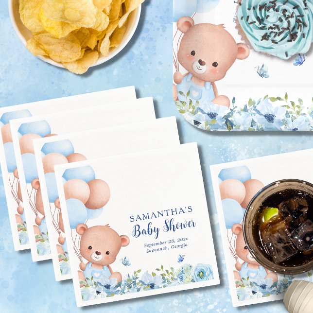 Nalle Blue Balloths Barly Wait Baby Shower Pappersservett (Blue Teddy Bear Baby Shower napkin for a baby boy with wildflowers and butterflies.)