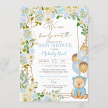 Nalle Blue Blommigt Balloons Boy Baby Shower