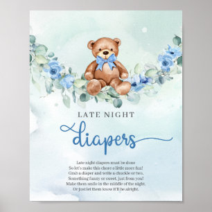 Nalle blue blommigt Late Night Diaper (spel om sen Poster