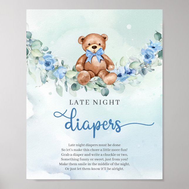 Nalle blue blommigt Late Night Diaper (spel om sen Poster (Framsidan)