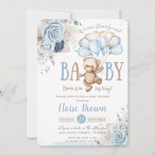 Nalle Blue Blommigt Pampas Grass Baby Shower Inbjudningar (Framsida)