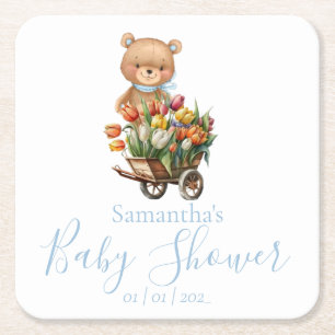Nalle Blue Blommigt Rustic Baby Shower Underlägg Papper Kvadrat