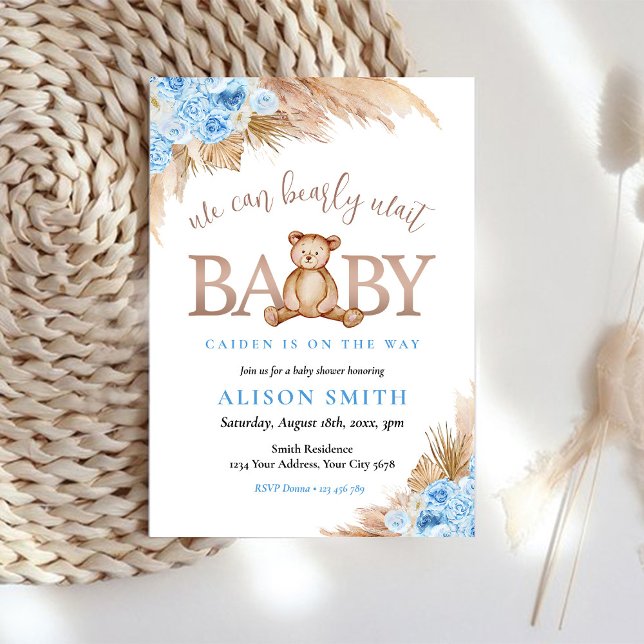 Nalle Blue Boy Barly Wait Baby Shower Inbjudningar (Skapare uppladdad)