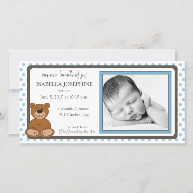 Nalle Blue Customized Birth-meddelande Meddelande (Framsida)