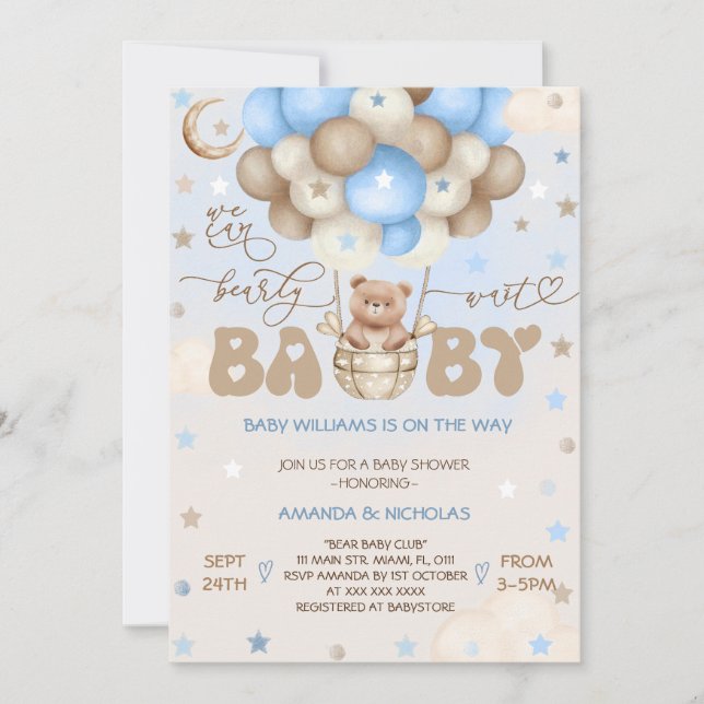 Nalle Blue Cute Balloon Boy Shower Inbjudningar (Framsida)
