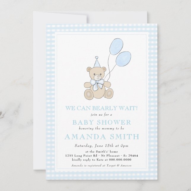 Nalle Blue Gingham Boy Baby Shower Inbjudningar (Framsida)