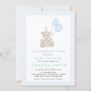Nalle Blue Gingham Boy Baby Shower Inbjudningar