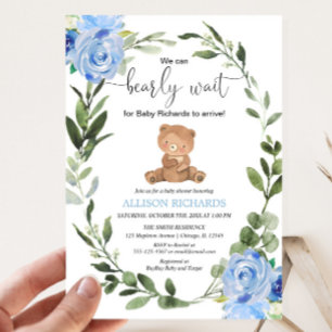 Nalle Blue Greenery blommigt boydusch Inbjudningar