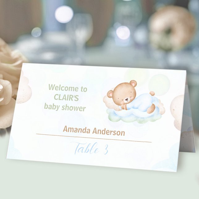 Nalle Blue Grönt Boy Shower Tält Placeringskort (Teddy Bear Blue Green Boy Baby Shower Tent Place Card)