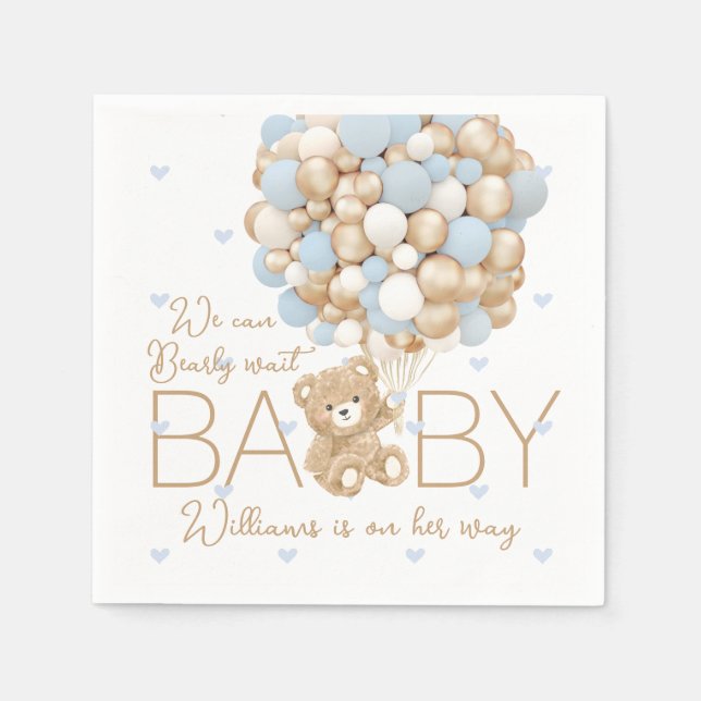 Nalle Blue Heart & Balloon Pojke Shower Pappersservett (Framsidan)