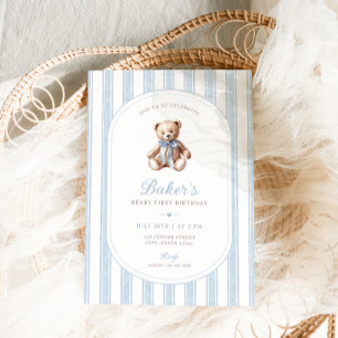 Nalle Blue Minimalist Boy Birthday Inbjudningar
