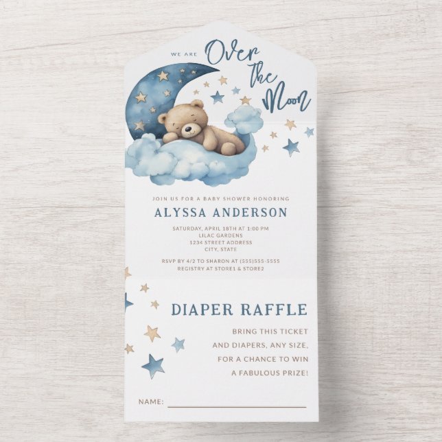 Nalle Blue över Måne Baby Shower (Insida)