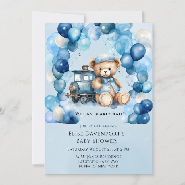 Nalle Blue Tåg Boy Baby Shower Inbjudningar (Framsida)